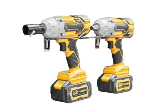 A professional tool for work, repair and construction in the store, isolated on white background. Sale of wired power tools and battery powered equipment in the shop