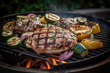 Homemade backyard grill used to create grilled chicken and vegetables. (Generative AI)