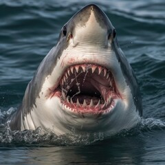 Obraz premium A great white shark's mouth is open. (Generative AI)