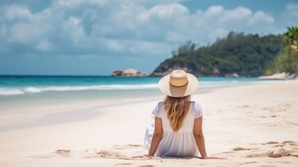 Fototapeta na wymiar Woman relaxing on tropical sandy beach seen from behind. (Generative AI)
