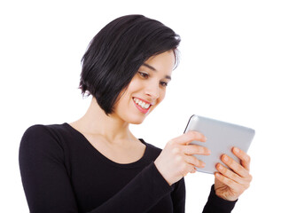 Smile, tablet and woman reading online content on the internet or social media isolated in a studio white background. Excited, connection and female person typing email or search a website or web