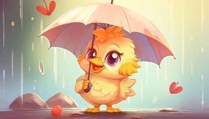 A baby chicken with an umbrella in the rain looks cute. (Generative AI)