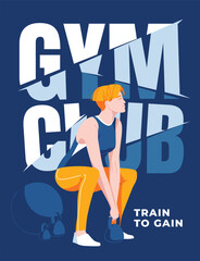 Gym poster design with fitness woman on large text background. Advertising flyer, postcard. Vector flat illustration