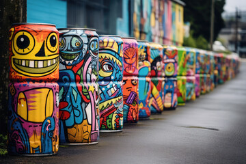 cans doodle paint with graffiti wall