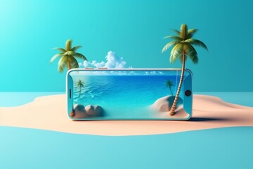 Fototapeta premium summer creative sea phone up concept cyber mock palm holiday sand. Generative AI.