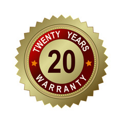 Round and rectangular emblems of golden color with the text of twenty years of guarantee