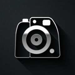 Silver Photo camera icon isolated on black background. Foto camera. Digital photography. Long shadow style. Vector