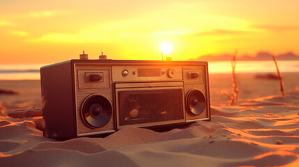 music device on the beach sand for summer party, generative ai