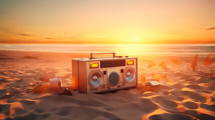 stereo on the beach sand at summer sunset, generative ai