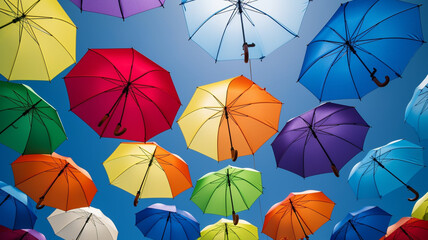 Naklejka premium Colored umbrellas sky. Created with generative Ai technology.