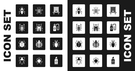 Set Hive for bees, Beetle bug, deer, Ant, Pressure sprayer, Mosquito, and Mite icon. Vector