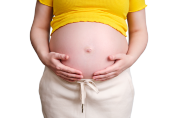 A pregnant woman in white pants and a yellow jacket, isolated on a white background