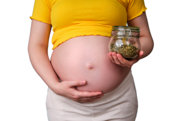 A pregnant woman holds a jar of green tea in her hand, isolated on a white background