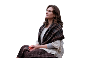 Portrait of a woman in profile sitting on the steps of a retro porch, isolated on a white background.