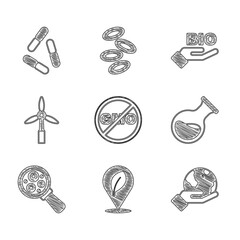 Set No GMO, Location with leaf, Hand holding Earth globe, Test tube flask, Microorganisms under magnifier, Wind turbine, Bio healthy food and Virus icon. Vector