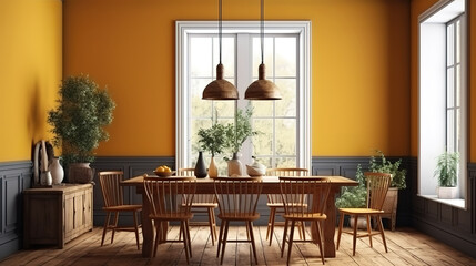 Fototapeta na wymiar Loft authentic dining room interior design with a picture frame. Generative Ai