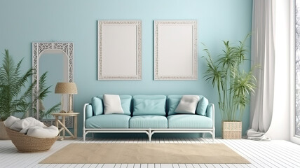 Fototapeta premium View of room decor made up of frame and plates with cups. Generative Ai