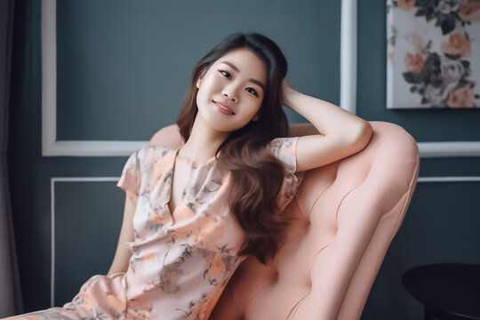 A beautiful lady of Asian descent dressed in a delicate pastel pink gown with a lovely pink and orange flower, lounging comfortably on a soft sofa. generative AI.