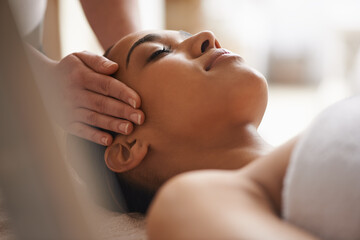Woman, hands or head massage in spa for zen resting, sleeping wellness or relaxing physical therapy. Calm, eyes closed or girl in salon to exfoliate for facial healing treatment, beauty or detox