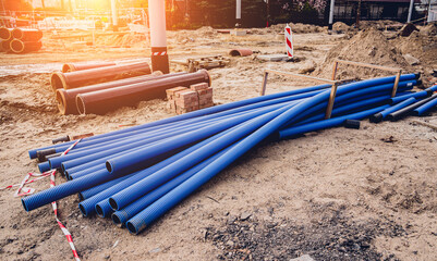 Big construction site with pipes and wires in the construction area.