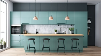Mock up poster frames in kitchen interior, panoramic background, 3d render. Generative Ai