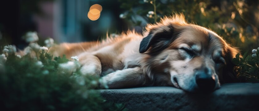 Adorable friendly dog peacefully sleeping under the stars at his home backyard garden on the lawn, quiet night of relaxing dreams and rest, closeup portrait bokeh blur - generative ai 