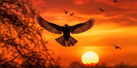 Obraz na płótnie Canvas Silhouette of bird flying on sunset orange sky background. Generative AI