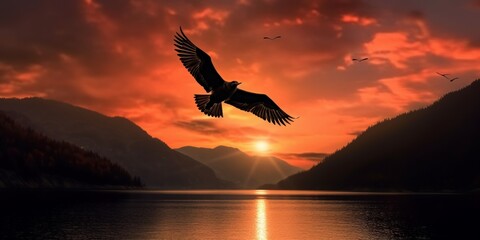 Fototapeta na wymiar Silhouette of bird flying on sunset background with river and mountain landscape. Generative AI