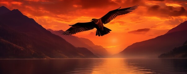 Naklejka premium Silhouette of bird flying on sunset background with river and mountain landscape. Generative AI
