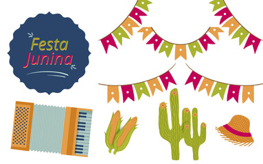 Festa Junina Festival Hand drawn Rough and Grunge Texture Vector Elements Illustration. Corn, village hat, cactus, accordion and decoration graphic resource. Greeting card, Promotion social media post - obrazy, fototapety, plakaty