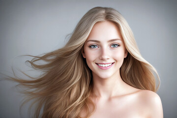 Fototapeta premium Beautiful woman blonde beauty close-up portrait on gray background. Generative AI