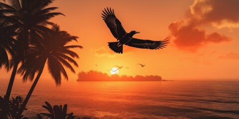 Silhouette of bird on tropical beach and sea sunset background. Generative AI