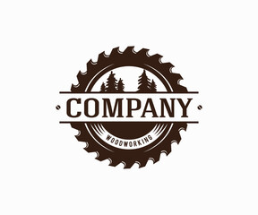 Woodworking logo with saw blade and tree line icon