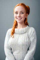 Beauty curve plus size  ginger woman in a white sweater on a gray background. Generative AI