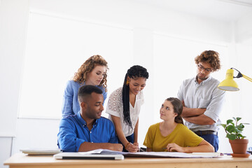 Fototapeta premium Diversity, business people and writing in team project, planning or strategy together at office. Group of diverse employees working on paperwork, documents or teamwork for brainstorming at workplace