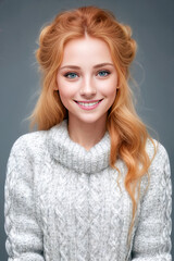 Beauty ginger woman in a white sweater on a gray background. Generative AI