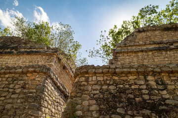 View behind 'The Twins' in the Mayan ruins of Ek' Balam located in the Yucatan Peninsula, Mexico.