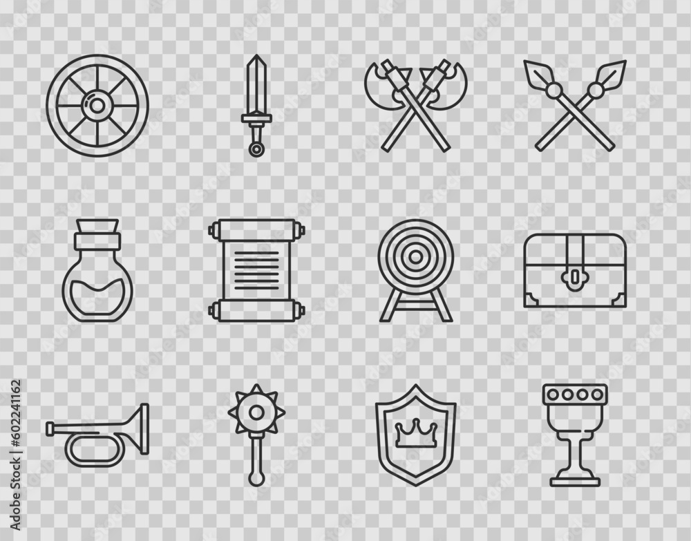 Wall mural Set line Trumpet, Medieval goblet, Crossed medieval axes, chained mace ball, Round wooden shield, Decree, parchment, scroll, Shield with crown and Antique treasure chest icon. Vector