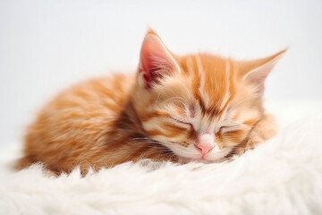 AI generative. Cute  red kitten sleeps on  white blanket