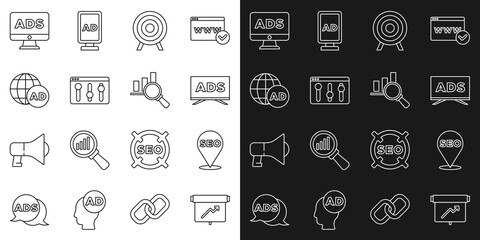 Set line Board with graph chart, SEO optimization, Advertising, Target sport, Browser setting, and Magnifying glass and analysis icon. Vector