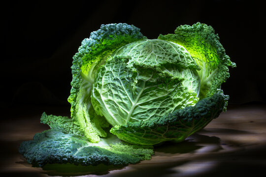 immagine su sfondo scuro di cavolo verza ripreso con tecnica di light painting