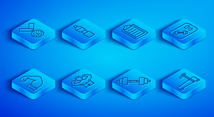 Set line Medal, Bottle of water, Sport training program, Bodybuilder muscle, Dumbbell, Fitness club, gym card, and Treadmill machine icon. Vector