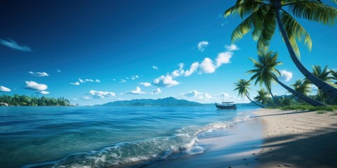 Obraz na płótnie Canvas Tropical sea and sandy beach with blue background. Generative AI