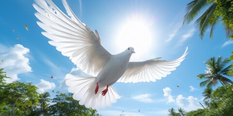Obraz premium White Dove Flying on Blue Sky Background, Bird of Peace Symbol, International Peace Day. Generative Ai