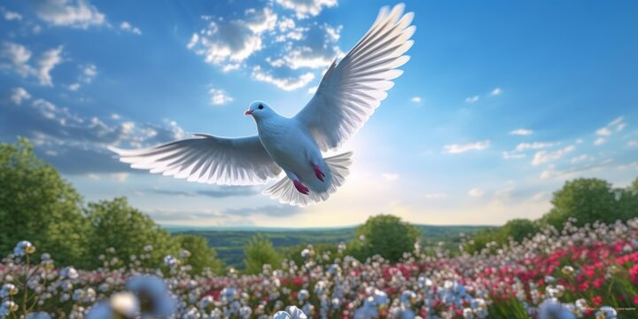 White Dove Flying on Flowers Field Background, Bird of Peace Symbol, International Peace Day. Generative Ai