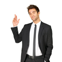 Happy, business man and portrait with hand for fashion, advertising and professional style. Corporate and confident male model show mockup space presentation isolated on a white background in studio