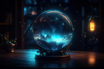 Magical crystal ball or fortune teller with blue mysterious glowing mountains inside on sparkling dark background, created with Generative AI - obrazy, fototapety, plakaty