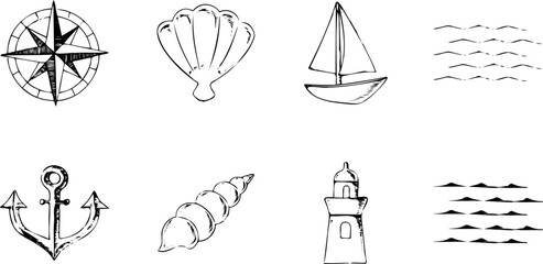 ペンで描いた海のイメージイラストセット