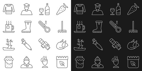 Set line Calendar with autumn leaves, Roasted turkey or chicken, Garden rake, Wine bottle glass, Waterproof rubber boot, Cup tea tea bag, Sweater and Meteorology thermometer icon. Vector