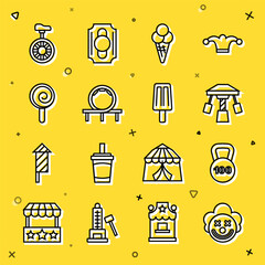 Set line Clown head, Weight, Attraction carousel, Ice cream in waffle cone, Roller coaster, Lollipop, Unicycle or wheel bicycle and icon. Vector